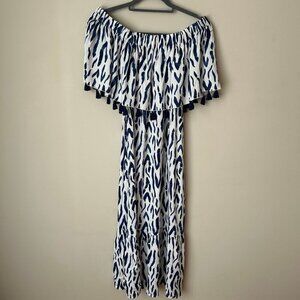La Mer Luxe Off The Shoulder Navy Blue White Pattern Maxi Dress Size Small